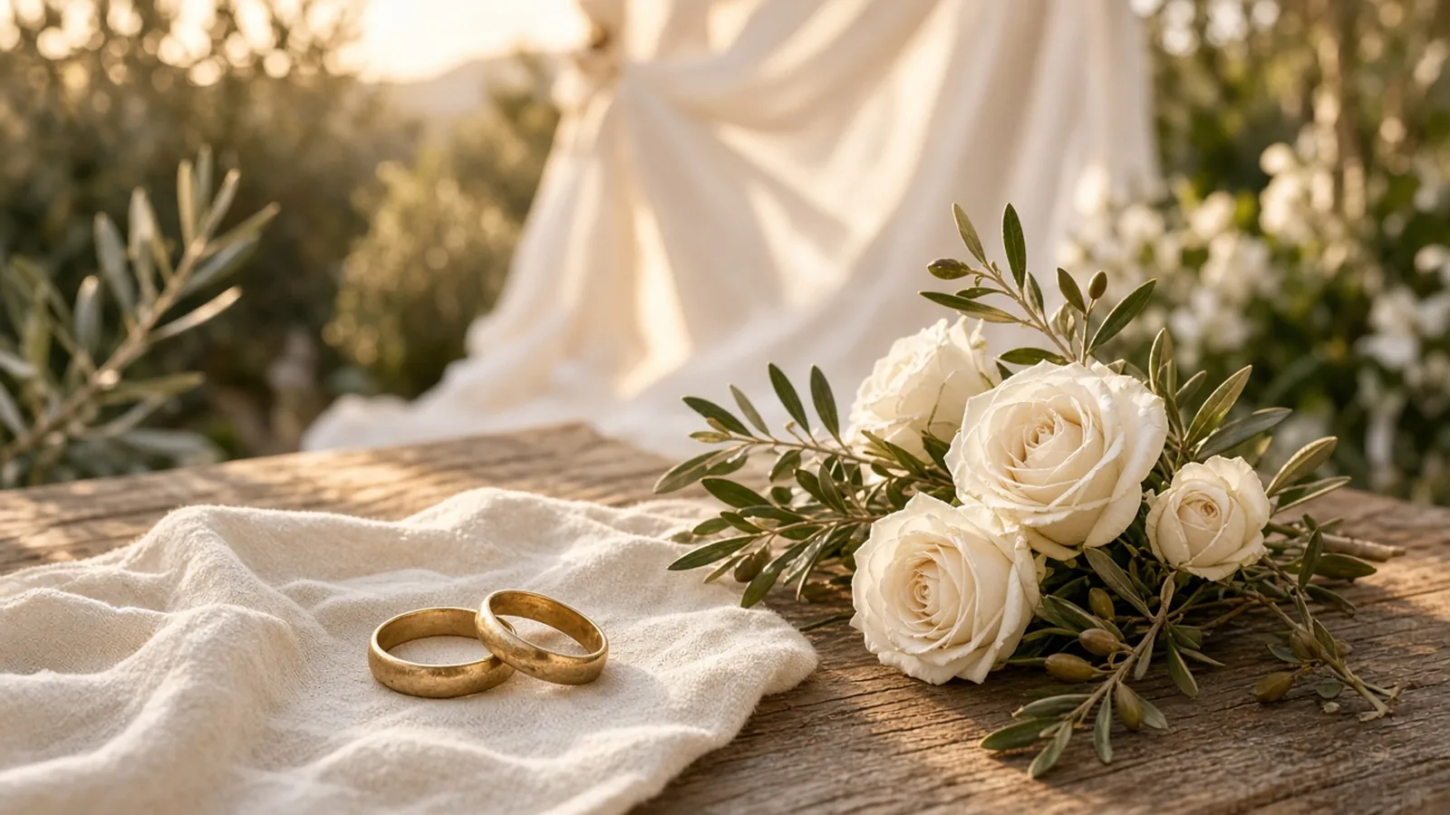 Two gold wedding bands with white roses and olive sprigs, a white chuppah blurred behind