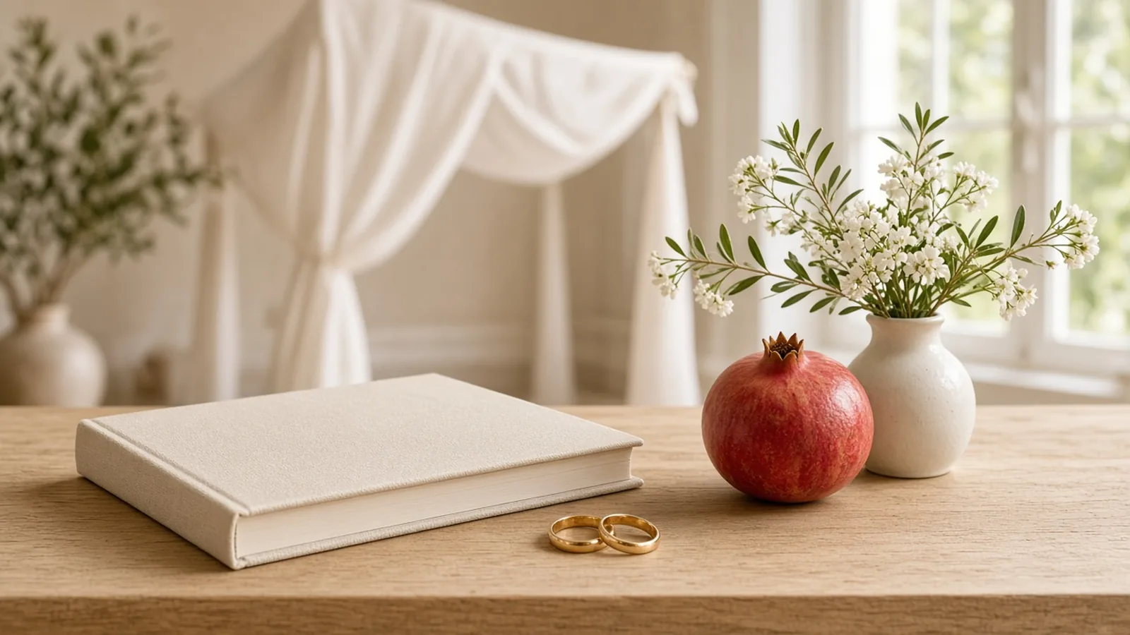 Linen-covered book, two gold rings, a pomegranate and white flowers on a light table